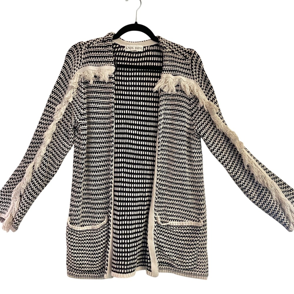 Knox Rose Women's Cardigan Sweater Black & White‎ Open Front Pockets Sz Med
